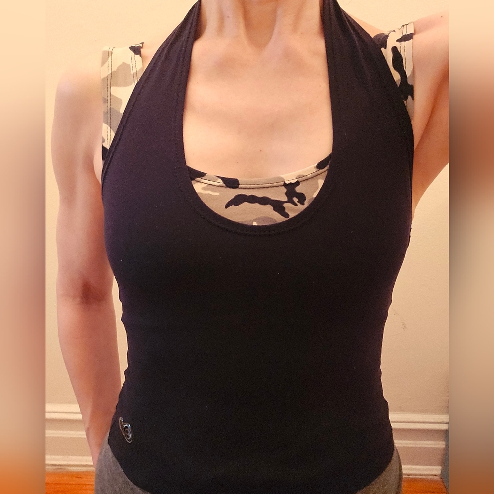 Vintage Brasil Sul Black halter top over atrached green camo tank / bra layer SM
